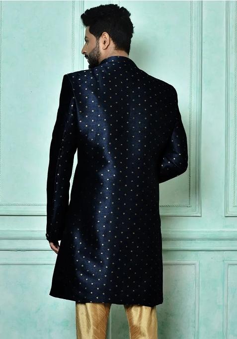 Navy Blue Embroidered Mulbury Indo Western Sherwani For Men