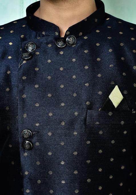 Navy Blue Embroidered Mulbury Indo Western Sherwani For Men