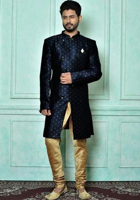 Navy Blue Embroidered Mulbury Indo Western Sherwani Set For Men