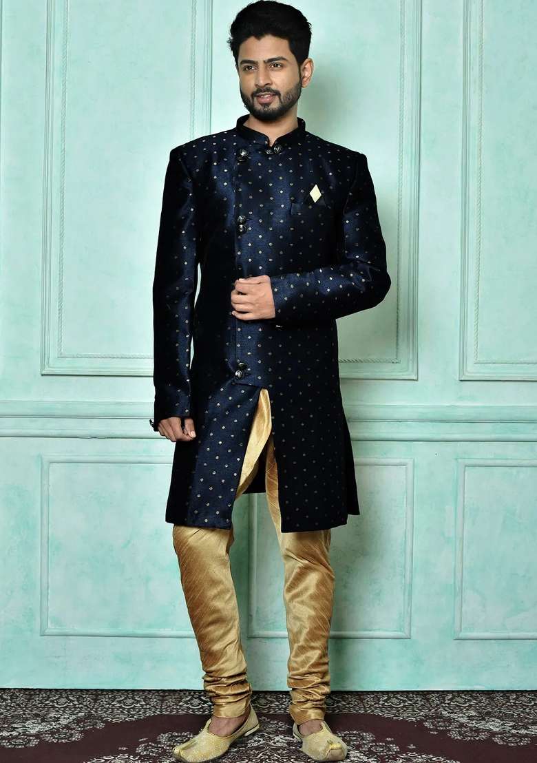 Navy Blue Embroidered Mulbury Indo Western Sherwani Set For Men - Indya