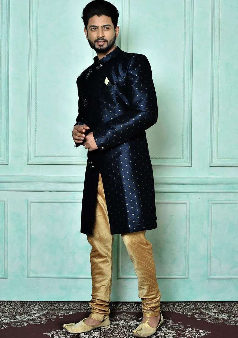 Navy Blue Embroidered Mulbury Indo Western Sherwani Set For Men - Indya