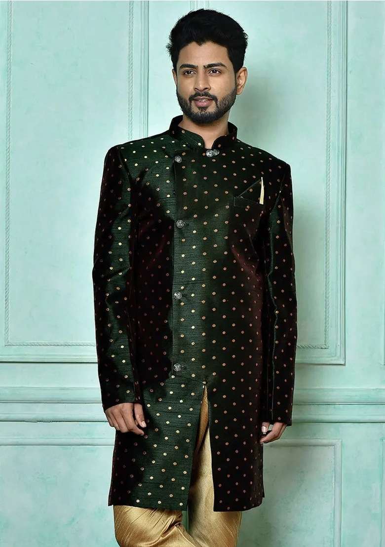 Bottle Green Embroidered Mulbury Indo Western Sherwani For Men - Indya