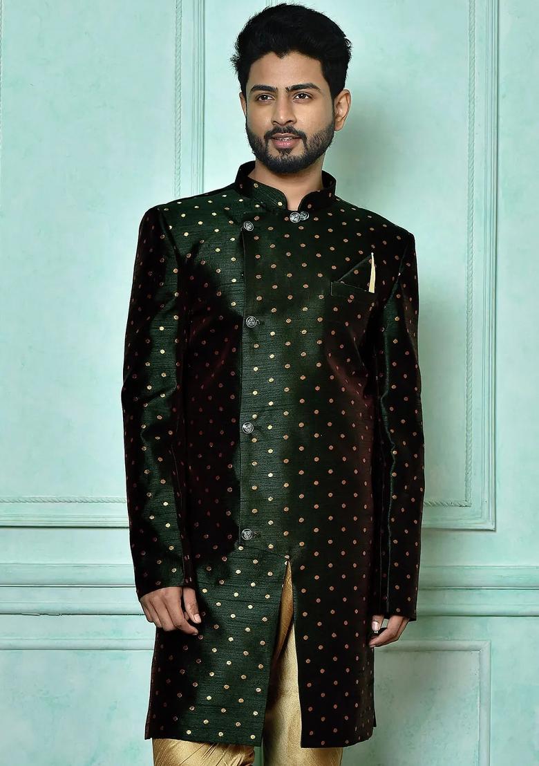 Bottle Green Embroidered Mulbury Indo Western Sherwani For Men