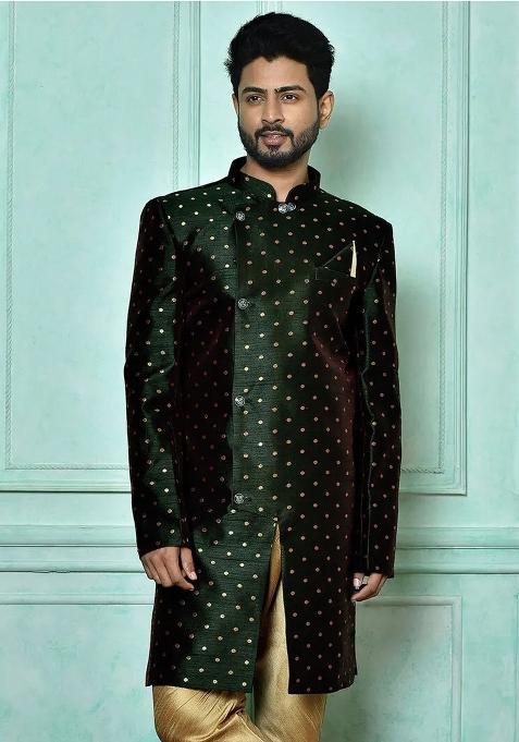 Bottle Green Embroidered Mulbury Indo Western Sherwani For Men — view on Indya