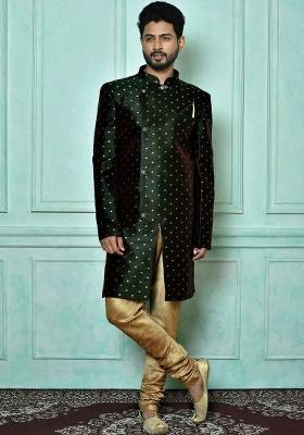 Bottle Green Embroidered Mulbury Indo Western Sherwani Set For Men