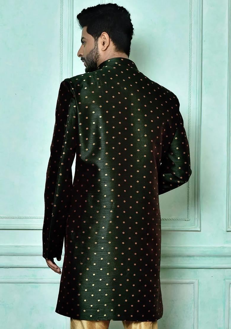 Bottle Green Embroidered Mulbury Indo Western Sherwani Set For Men