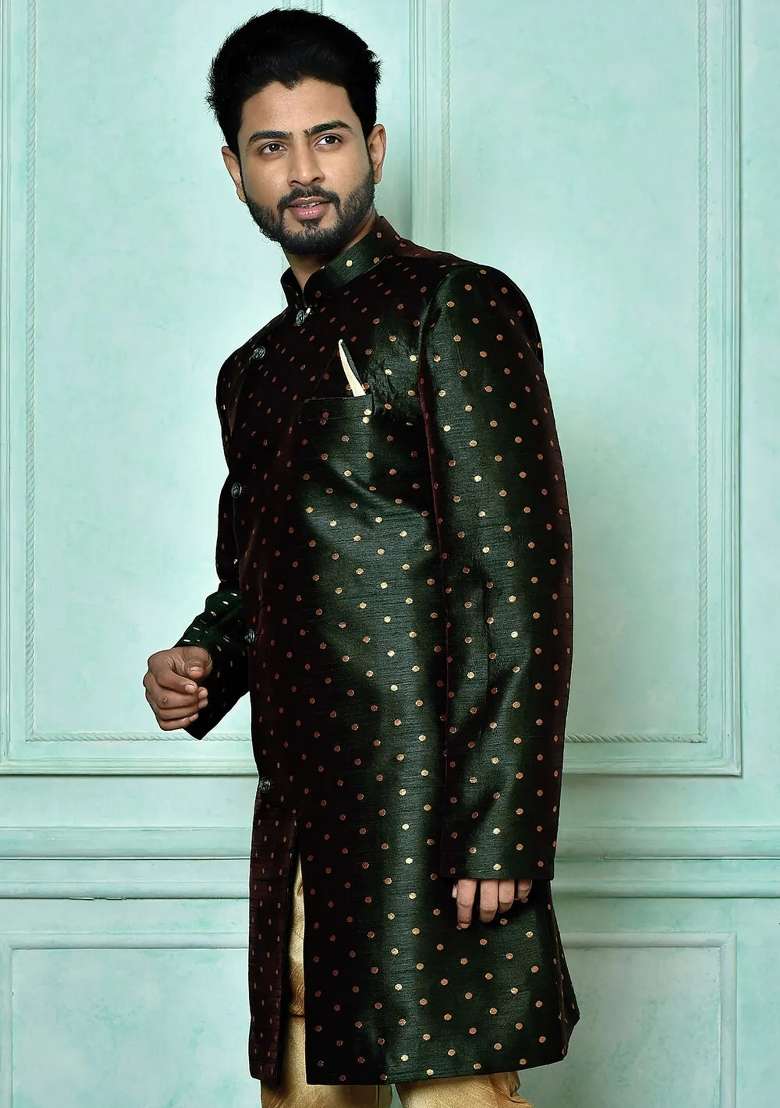 Bottle Green Embroidered Mulbury Indo Western Sherwani Set For Men - Indya