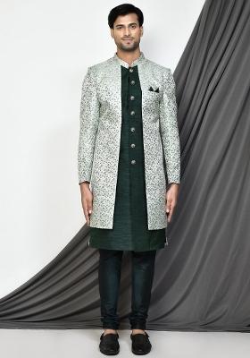 Beige Embroidered Jamewar Indo Western Sherwani For Men