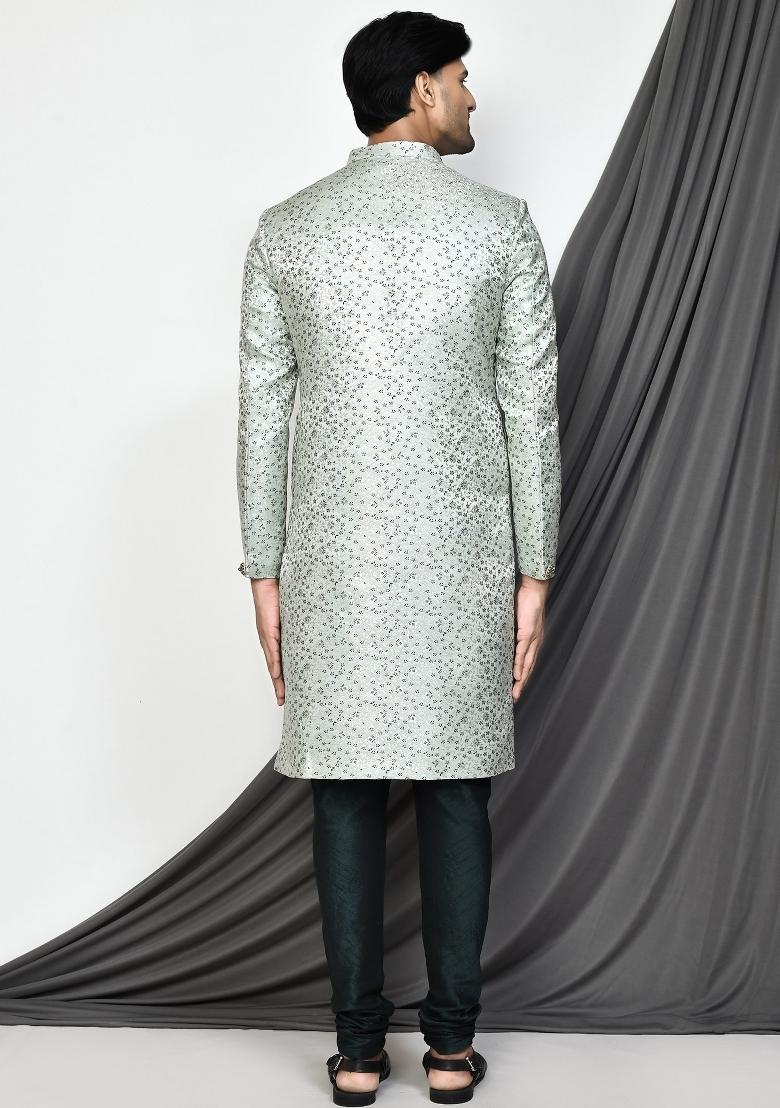 Beige Embroidered Jamewar Indo Western Sherwani For Men