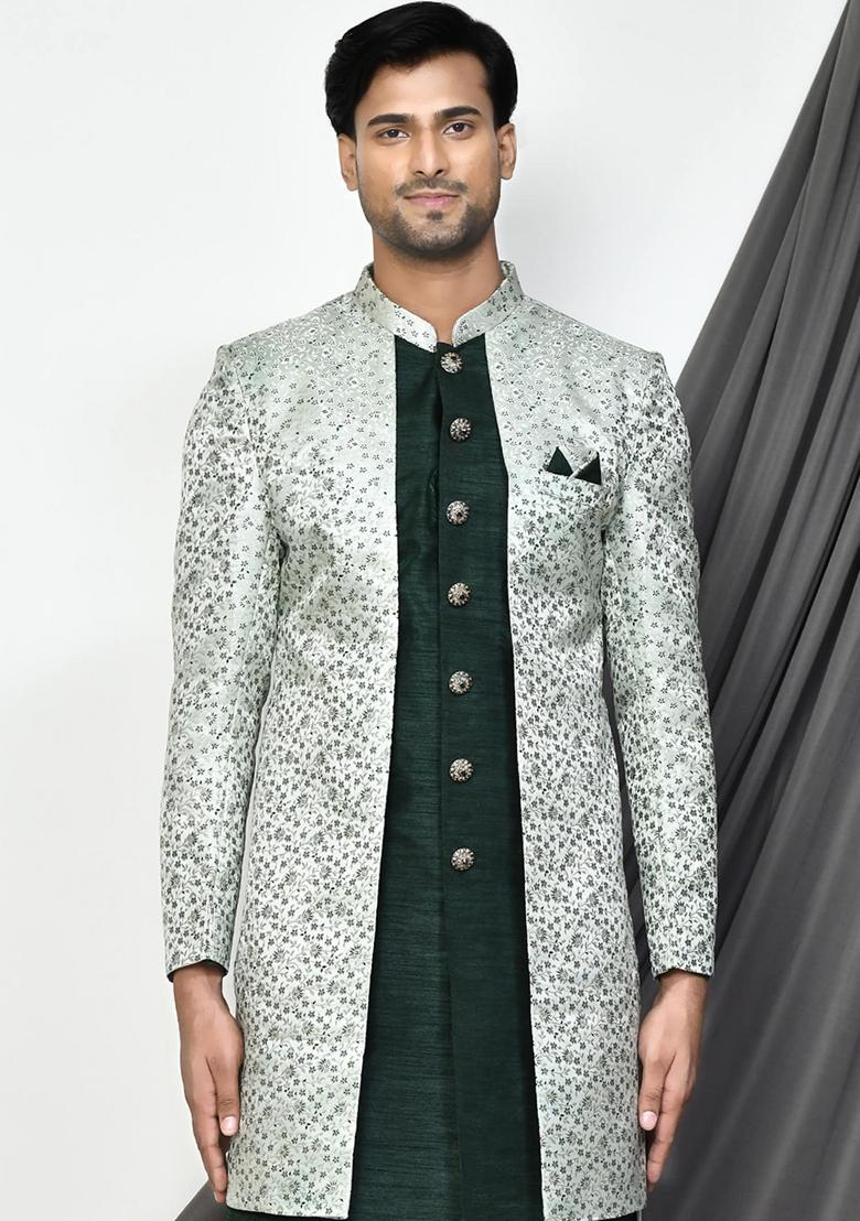 Beige Embroidered Jamewar Indo Western Sherwani For Men