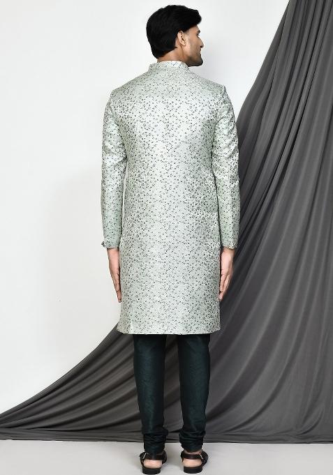 Beige Embroidered Jamewar Indo Western Sherwani For Men