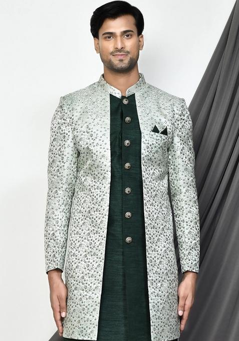 Beige Embroidered Jamewar Indo Western Sherwani For Men