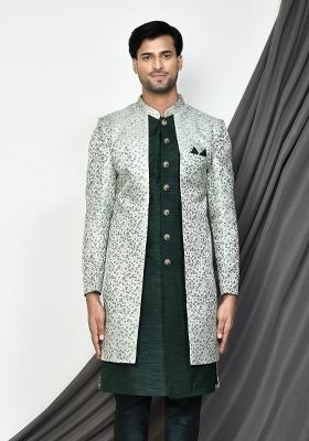 Bottle Green Embroidered Jacquard Indo Western Sherwani For Men