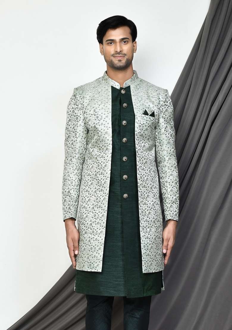 Bottle Green Embroidered Jacquard Indo Western Sherwani For Men - Indya