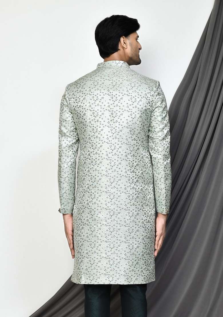 Bottle Green Embroidered Jacquard Indo Western Sherwani For Men - Indya