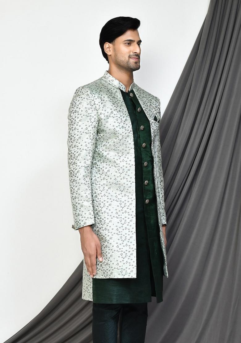 Bottle Green Embroidered Jacquard Indo Western Sherwani For Men