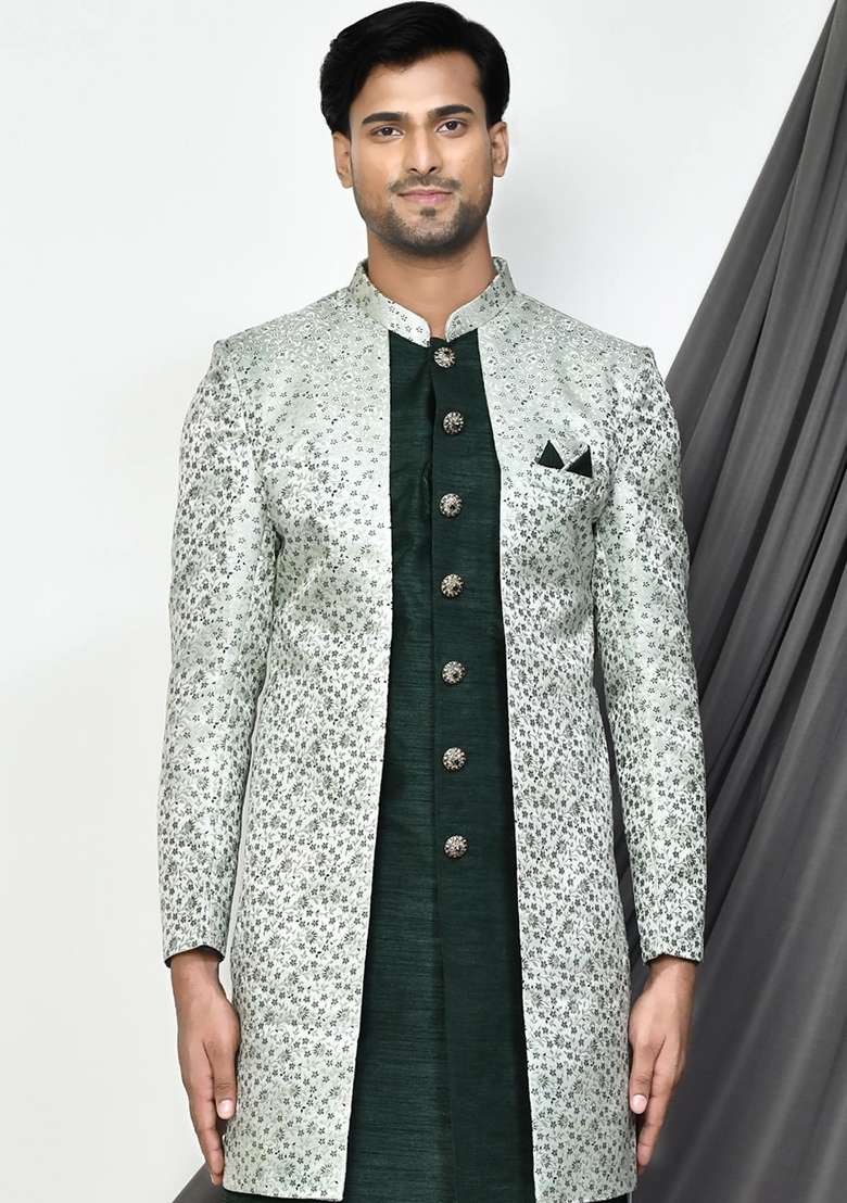 Bottle Green Embroidered Jacquard Indo Western Sherwani For Men - Indya