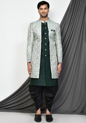 Bottle Green Embroidered Jacquard Indo Western Sherwani Set For Men