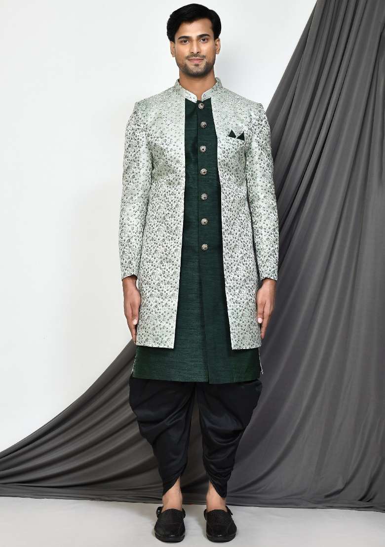 Bottle Green Embroidered Jacquard Indo Western Sherwani Set For Men - Indya