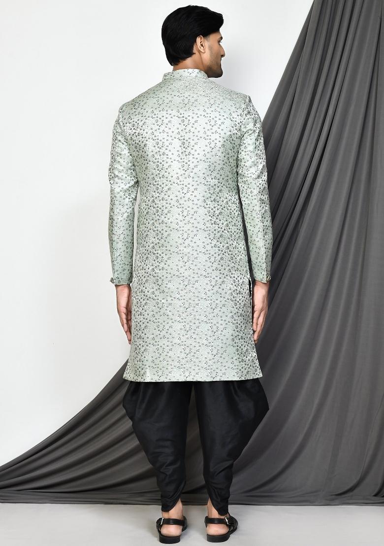 Bottle Green Embroidered Jacquard Indo Western Sherwani Set For Men