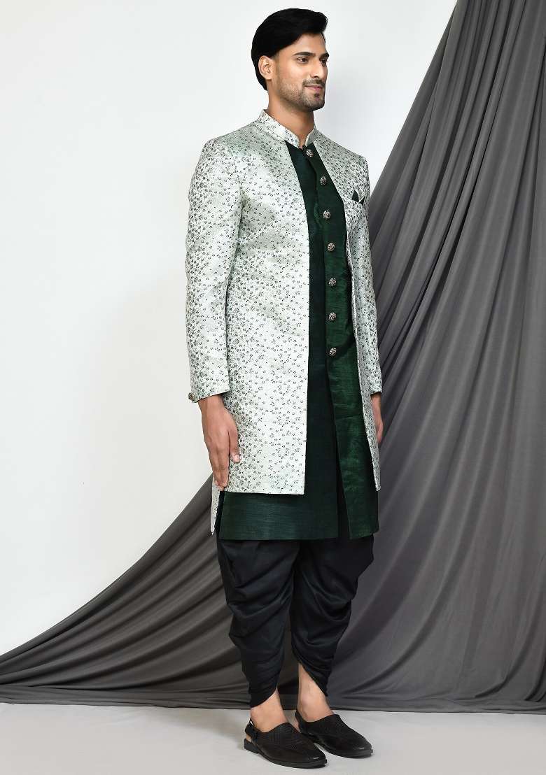 Bottle Green Embroidered Jacquard Indo Western Sherwani Set For Men - Indya