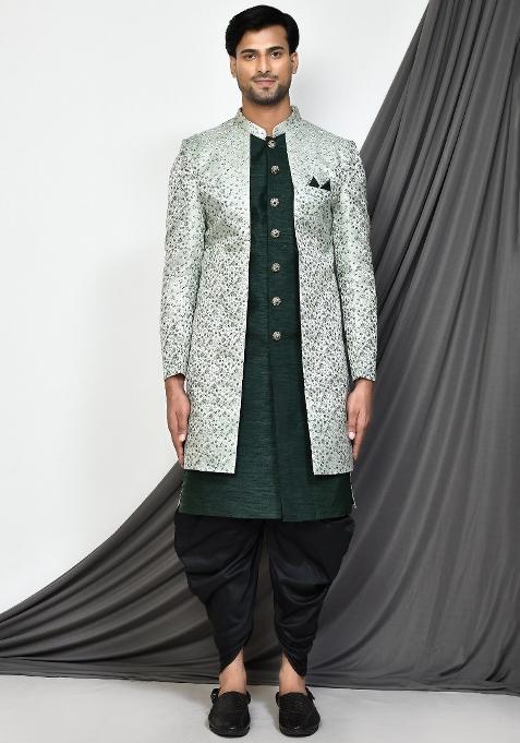 Bottle Green Embroidered Jacquard Indo Western Sherwani Set For Men — view on Indya