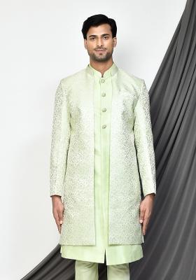 Sea Green Embroidered Jacquard Indo Western Sherwani Set For Men