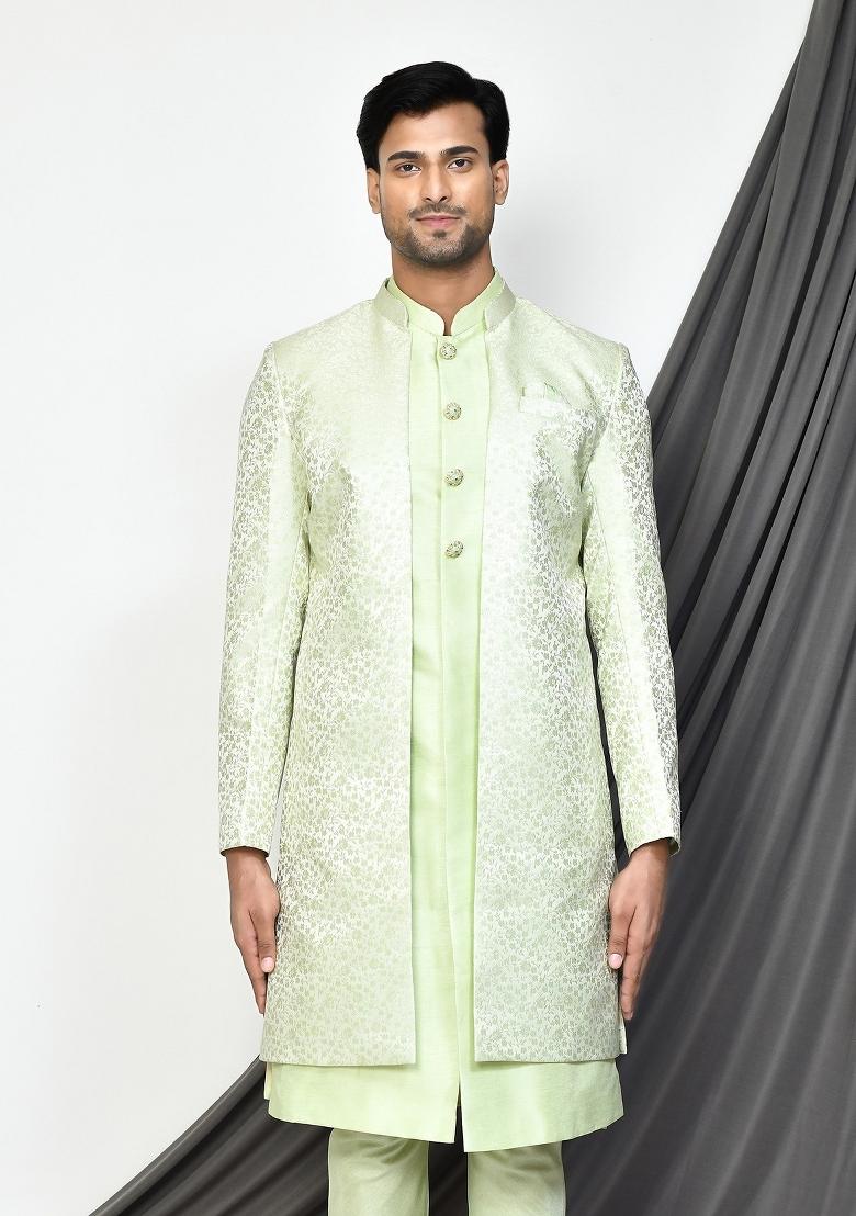 Sea Green Embroidered Jacquard Indo Western Sherwani Set For Men