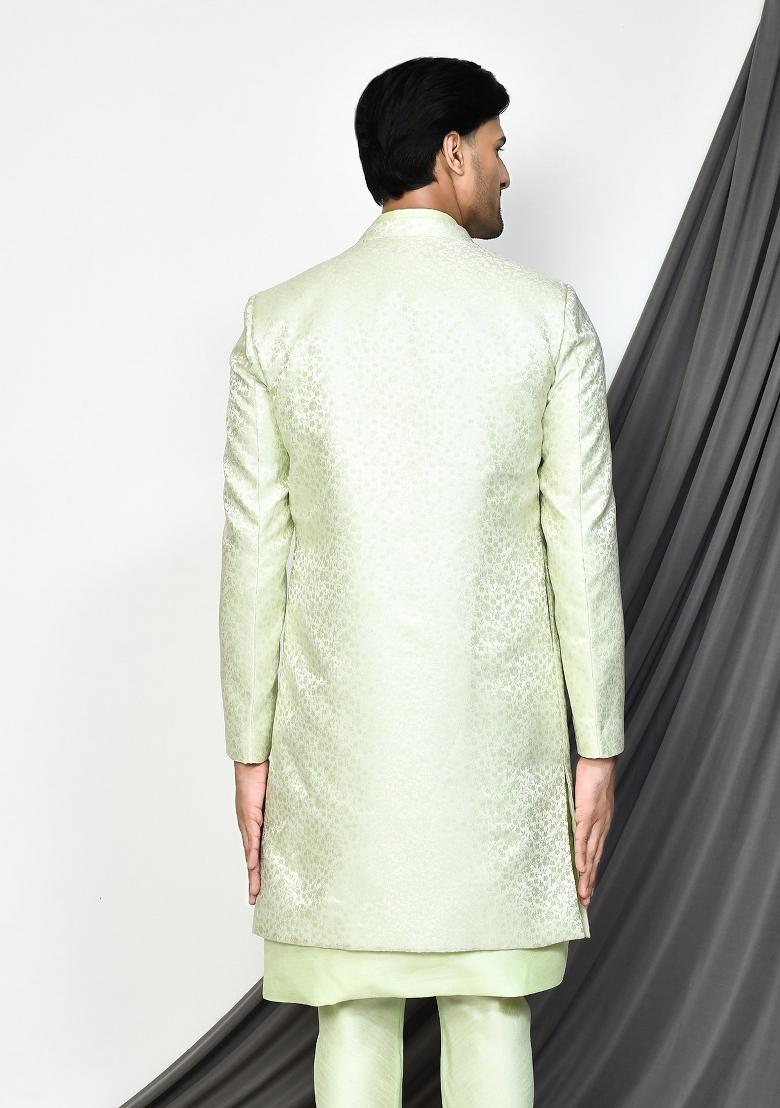Sea Green Embroidered Jacquard Indo Western Sherwani Set For Men