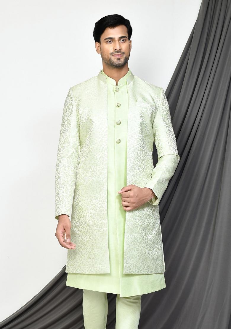Sea Green Embroidered Jacquard Indo Western Sherwani Set For Men