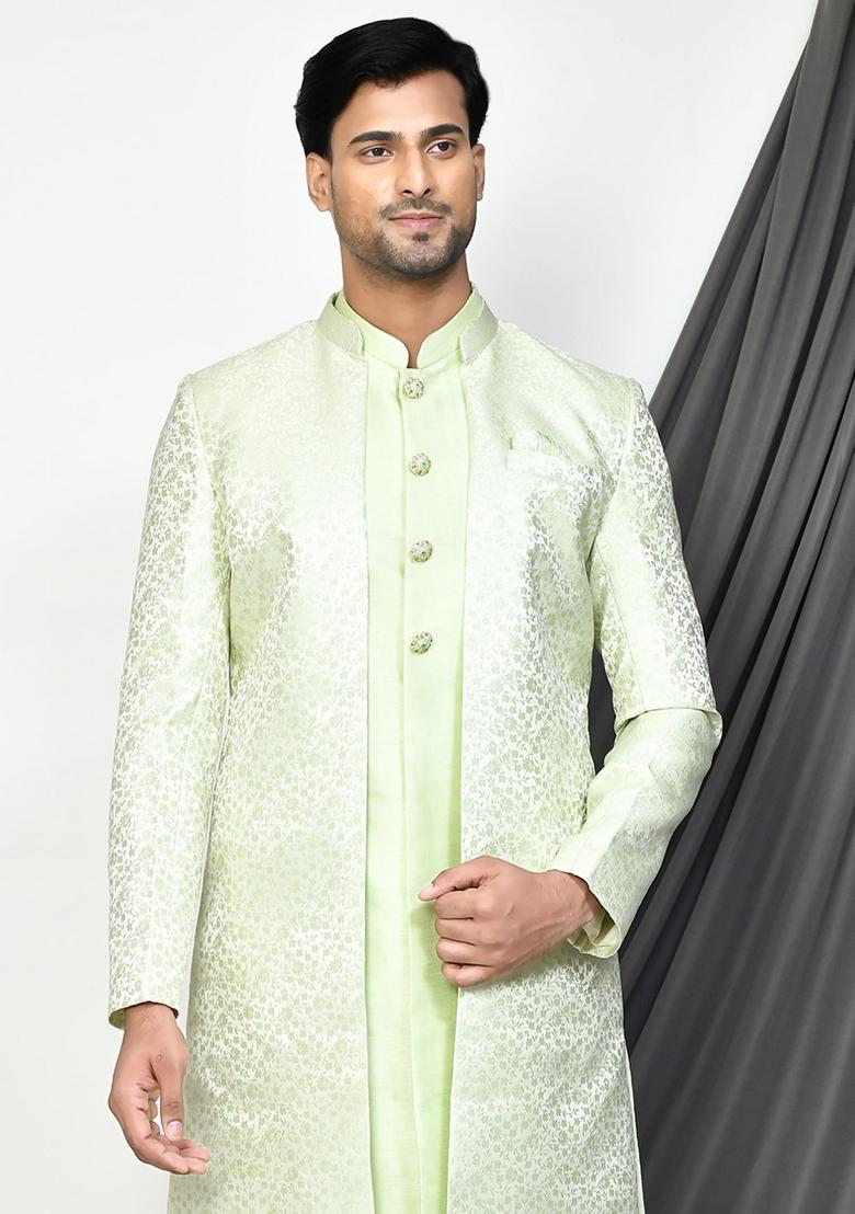 Sea Green Embroidered Jacquard Indo Western Sherwani Set For Men