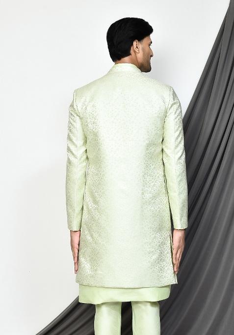 Sea Green Embroidered Jacquard Indo Western Sherwani Set For Men