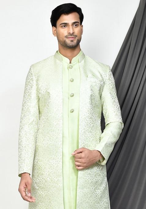 Sea Green Embroidered Jacquard Indo Western Sherwani Set For Men