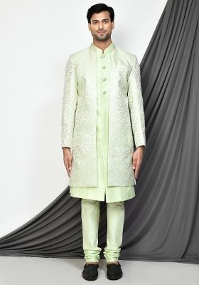 Sea Green Embroidered Jacquard Indo Western Sherwani Set For Men