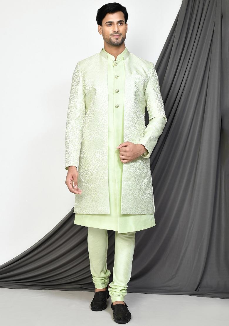 Sea Green Embroidered Jacquard Indo Western Sherwani Set For Men