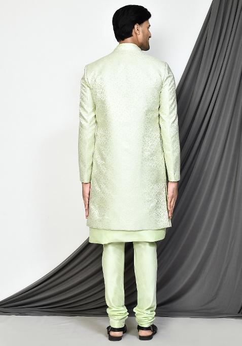 Sea Green Embroidered Jacquard Indo Western Sherwani Set For Men