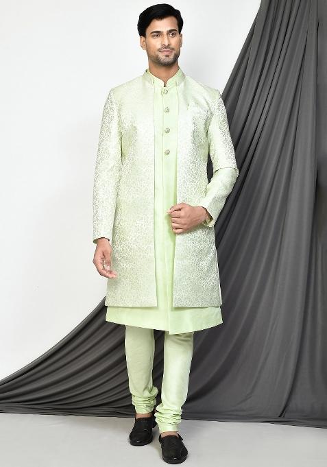 Sea Green Embroidered Jacquard Indo Western Sherwani Set For Men