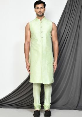Sea Green Embroidered Jacquard Indo Western Sherwani Set For Men