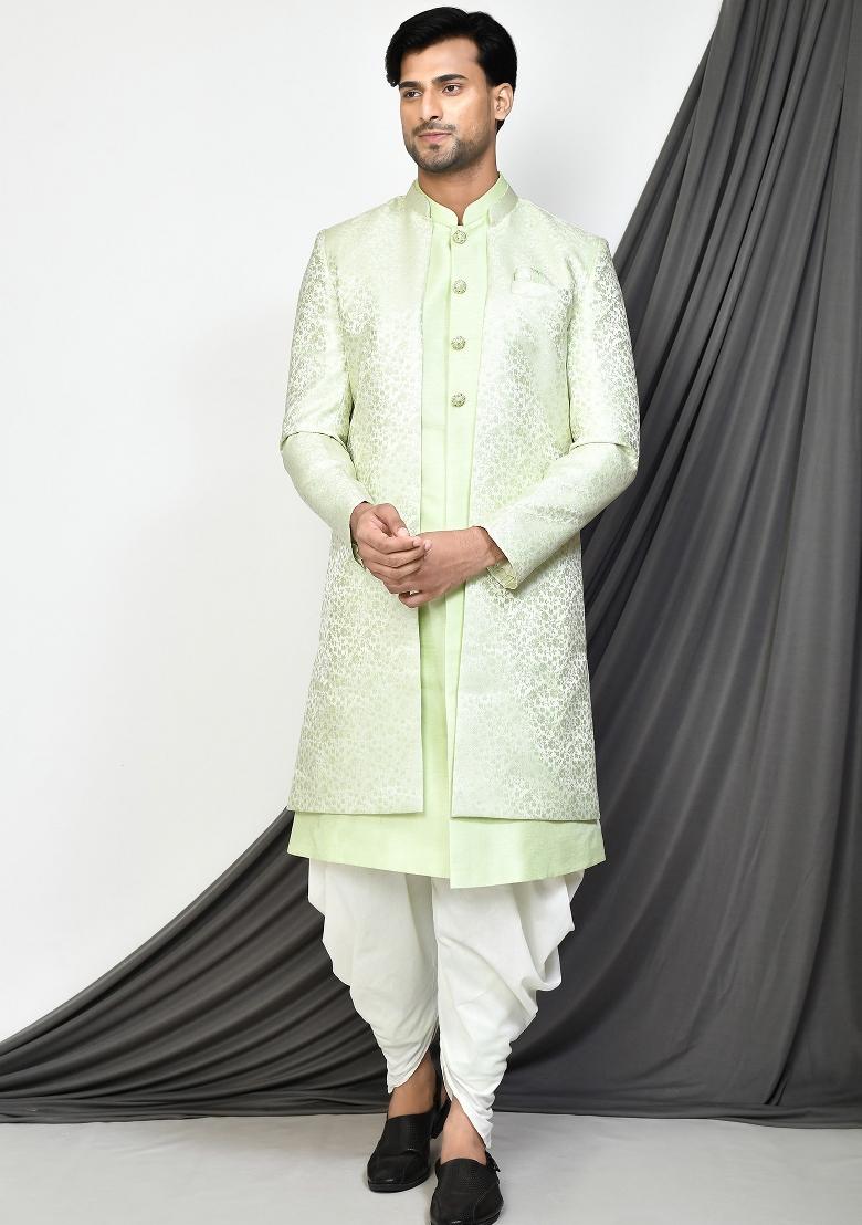 Sea Green Embroidered Jacquard Indo Western Sherwani Set For Men