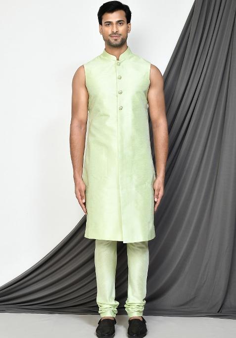 Sea Green Embroidered Jacquard Indo Western Sherwani Set For Men
