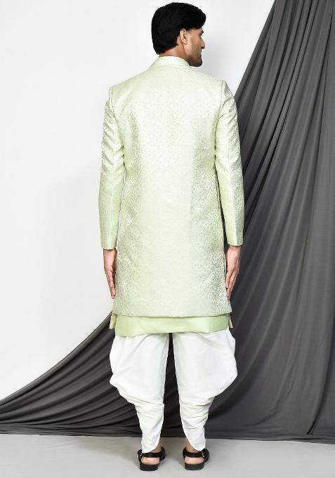 Sea Green Embroidered Jacquard Indo Western Sherwani Set For Men