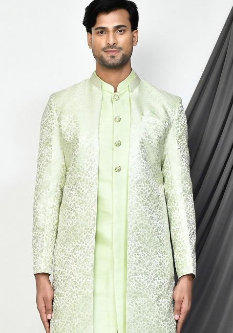 Sea Green Embroidered Jacquard Indo Western Sherwani Set For Men