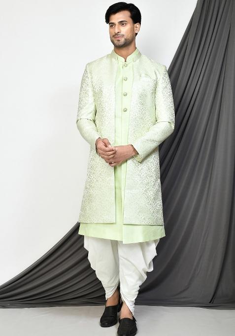 Sea Green Embroidered Jacquard Indo Western Sherwani Set For Men