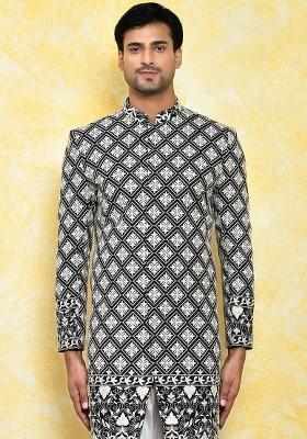 Black Embroidered Dupion Art Silk Indo Western Sherwani For Men