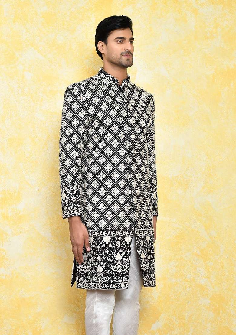 Black Embroidered Dupion Art Silk Indo Western Sherwani For Men - Indya