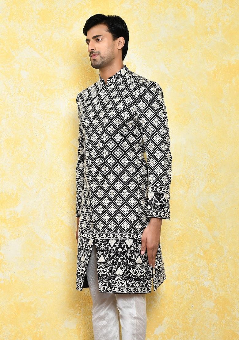 Black Embroidered Dupion Art Silk Indo Western Sherwani For Men