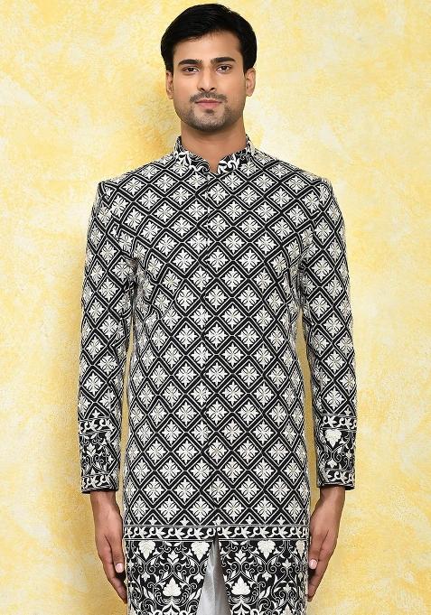 Black Embroidered Dupion Art Silk Indo Western Sherwani For Men — view on Indya