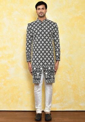 Black Embroidered Dupion Art Silk Indo Western Sherwani Set For Men