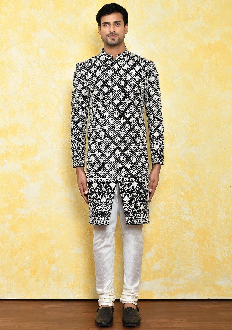 Black Embroidered Dupion Art Silk Indo Western Sherwani Set For Men