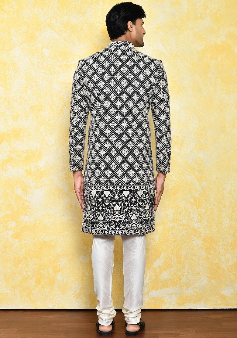 Black Embroidered Dupion Art Silk Indo Western Sherwani Set For Men